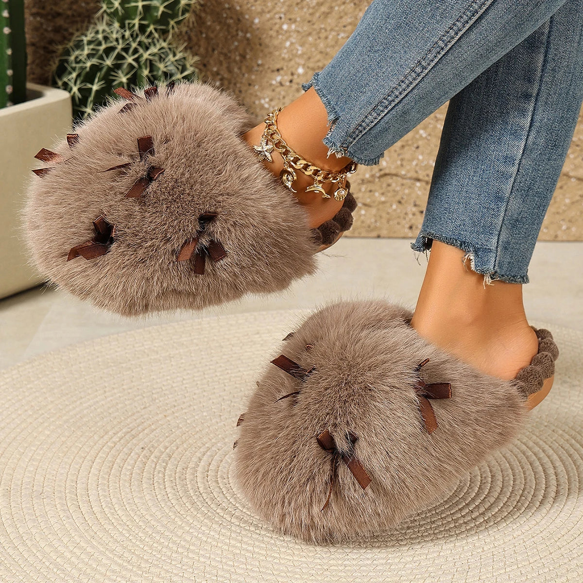 Women Winter Fluffy Closed Toe Slippers Sweet Bow Ornament Soft Non‑Slip Sole Warm Cozy Indoor Outdoor Casual Footwear