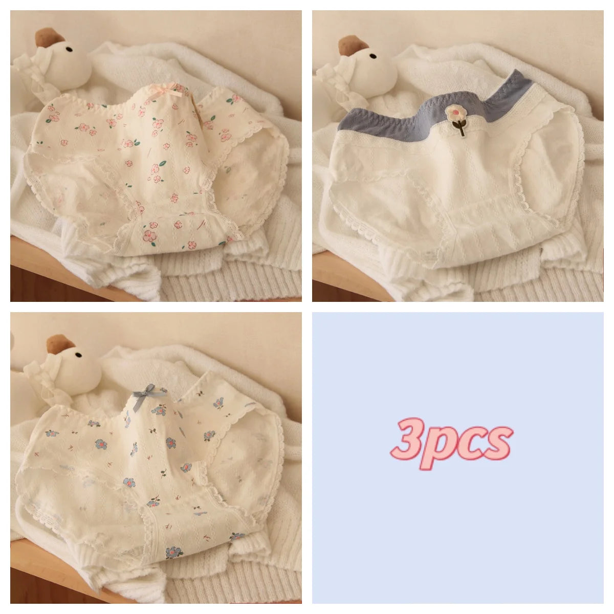 3pcs Soft Cute Floral Cotton Panties for Girls School Style Lace Trim Antibacterial Crotch Triangle Briefs Sweet Underwear