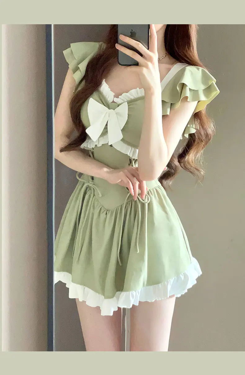 Korea Style One Piece Swimsuit with Skirt Monokini 2024 Women Front Bow Push Up Pleate Tummy Control Beach Bathing Suit Swimwear