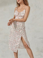 Women Summer Floral Print Party Club Midi Dress Sleeveless Spaghetti Strap Bustier Backless Thigh Slit Slim Dress