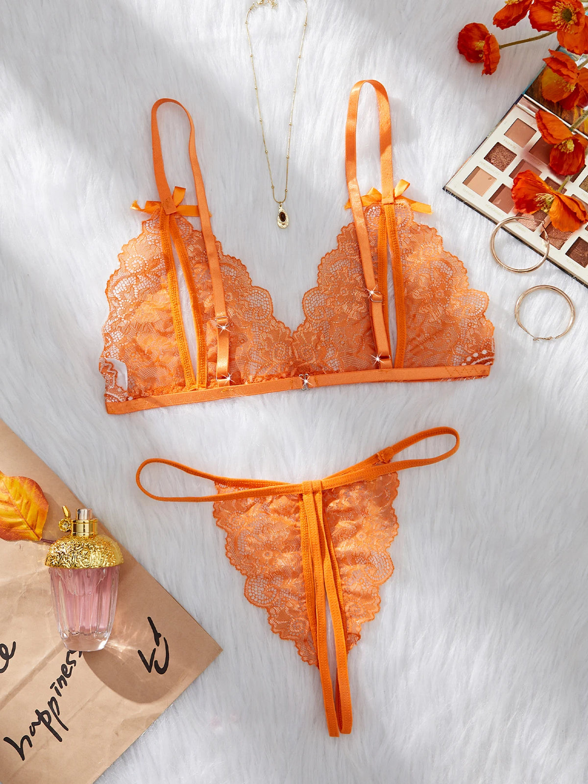 Orange Lace Contrast Sexy Lingerie For Women Open Chest Bra Thongs Sets Summer Female Underwear Cute Erotic Adult Matching Suit