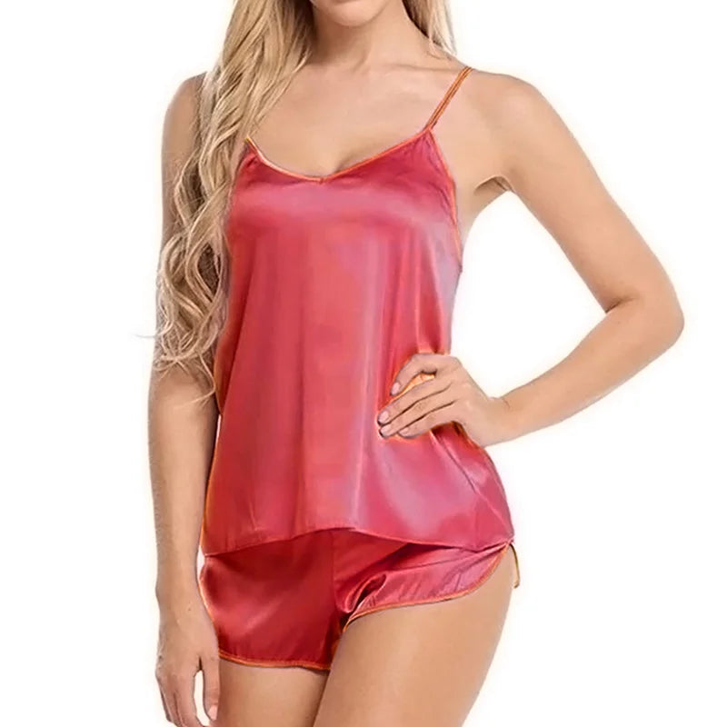 Women Satin Pajama Shorts Sets Mujer Strap Sleeveless Sexy Sleepwear Suit 2PCSV-Neck Cami Top Short Lingerie Female Nightwear