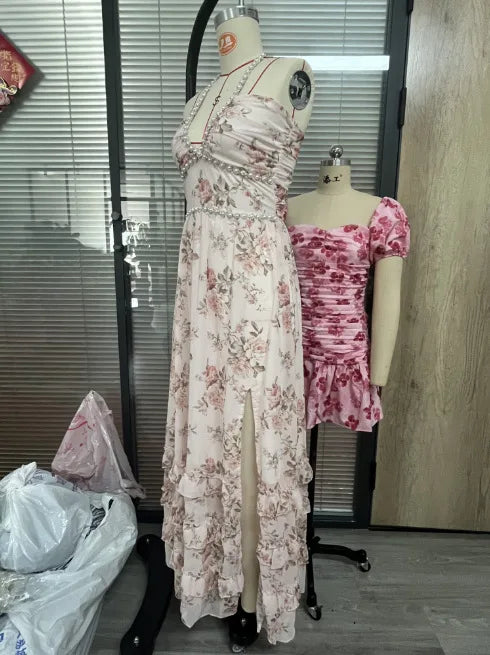 Women's Fashion Flower Print Bead Chain Halter Neck Long Dresses Sexy V-neck Backless Leace-up Slit Dress Lady Party Vestidos