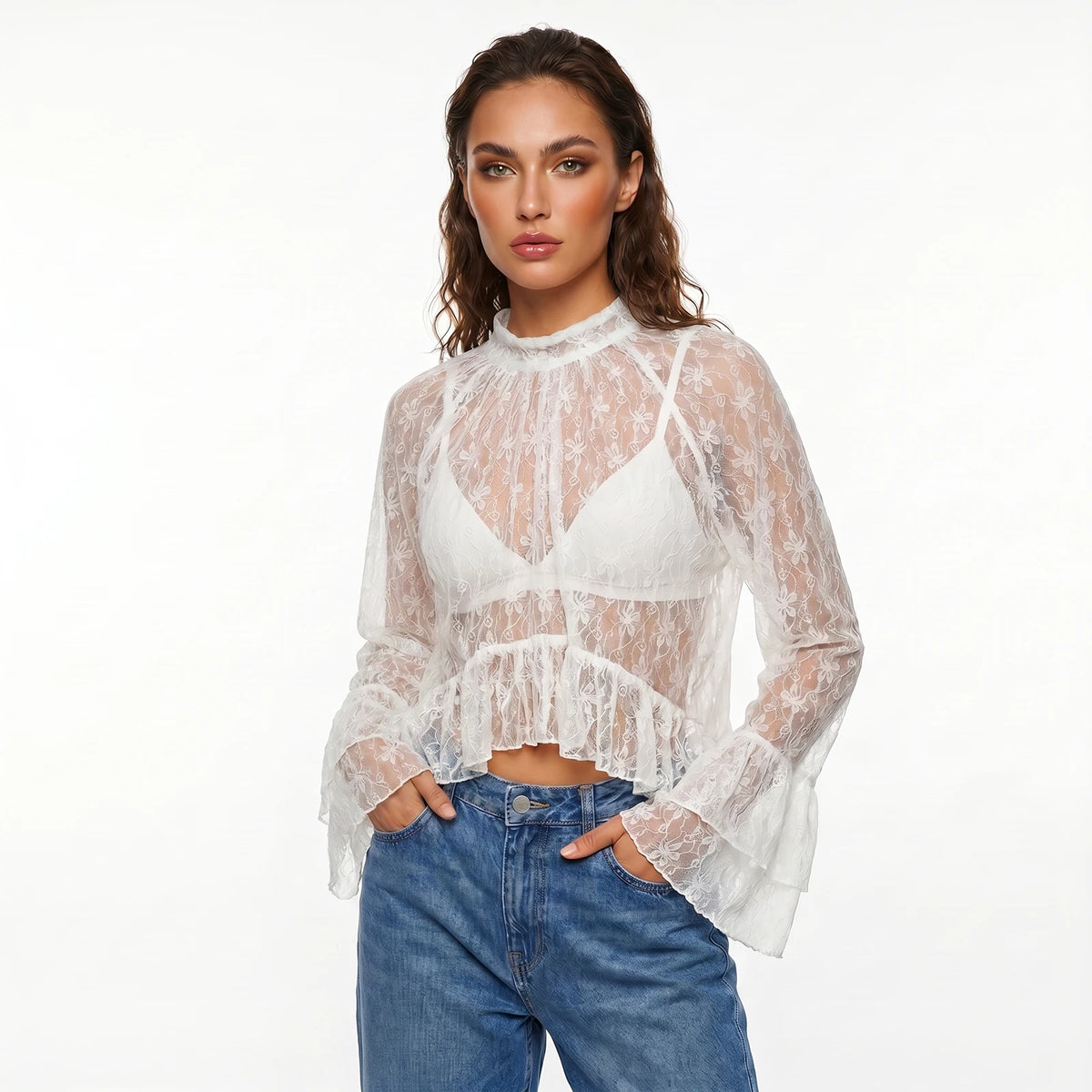 Womens Summer Sheer Shirts Flare Long Sleeve Mock Neck Lace Floral Tops Fashion Ruffled Peplum Hem Cropped T-shirts