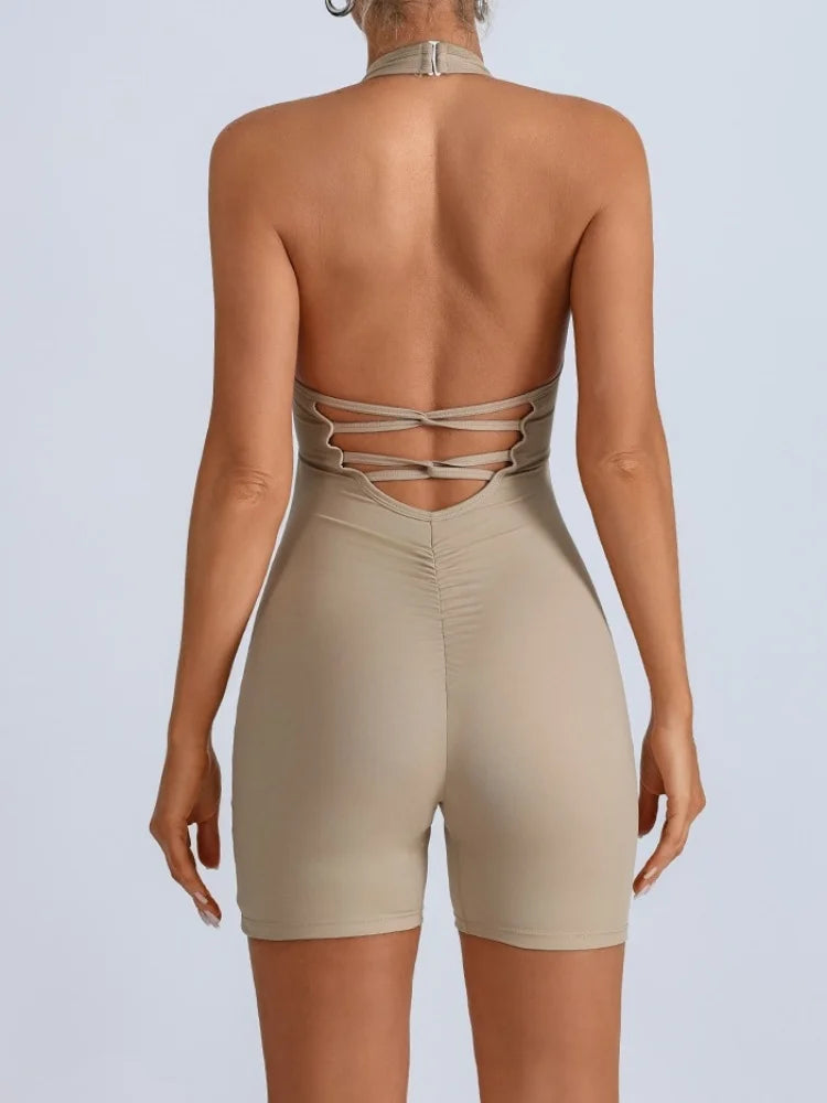 Summer Yoga Jumpsuit Back Hollow Out Bandage Pleate Pocket Shorts Sports One Piece Suits Butt Lifting Fitness Workout Bodysuit