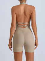 Summer Yoga Jumpsuit Back Hollow Out Bandage Pleate Pocket Shorts Sports One Piece Suits Butt Lifting Fitness Workout Bodysuit