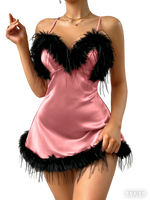 New Sexy V Neck Feather Trim Women's Nightgown Fashion Elegant Pajamas Solid Color Short Skirt for Home and Parties