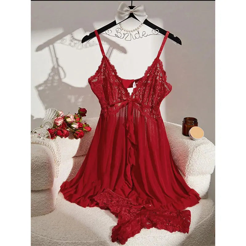 Summer New Lace See Through Nightgown for Women Solid Color Slim Fit Soft V-Neck Long Style Popular Sleepwear Fashionable Dress