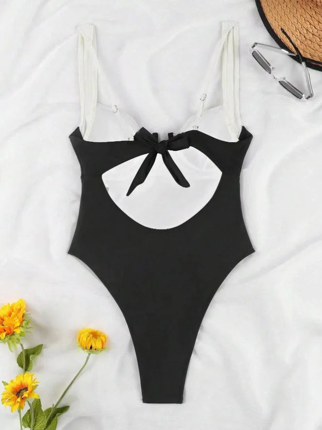 Push Up One Piece Swimsuit Women Backless Bodysuit Black White Swimwear Thong Beach Wear 2025 Contrast Color Bathing Suits Pool