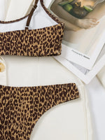 Sexy Wrinkled Bandeau Leopard Print Bikinis Sets Two Pieces Thong Swimsuits Beachwear Bathing Suit Swimwear Biquini