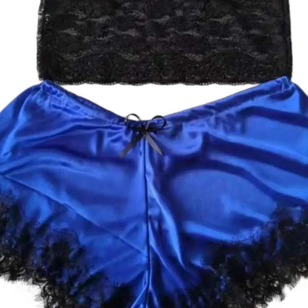 Women Pajama Set Lace Pajama Top Satin Shorts With Black Silk Bow And Lace Trim Sexy Lace Camisole Set Ladies Sleepwear Outfit