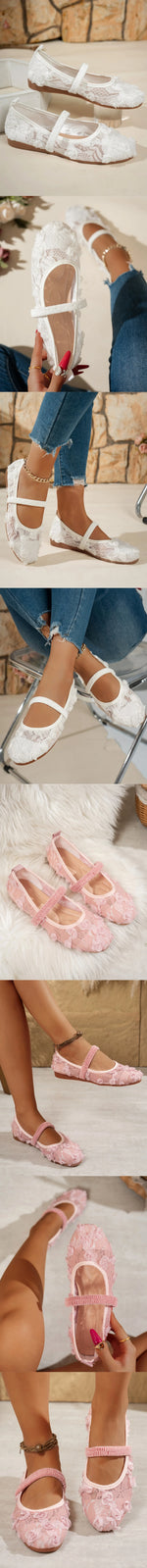 BigSize 43 Breathable White Lace Mary Jane Flats Women Comfy Walk Square Toe Casual Office Lady Ballet Flats Shoes Daily Wear
