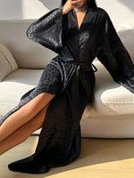 Four Seasons Retro Women's Robe Elegant Casual Jacquard Long Sleeve Pajamas BeltedBathrobe Loungewear