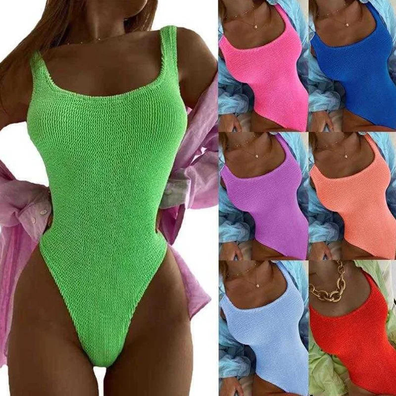 Candy Color One Piece Swimsuit Fabric Crinkle Cloth Wavy Strip Bikini for Women Fluorescent Pleated Cloth Swimwear