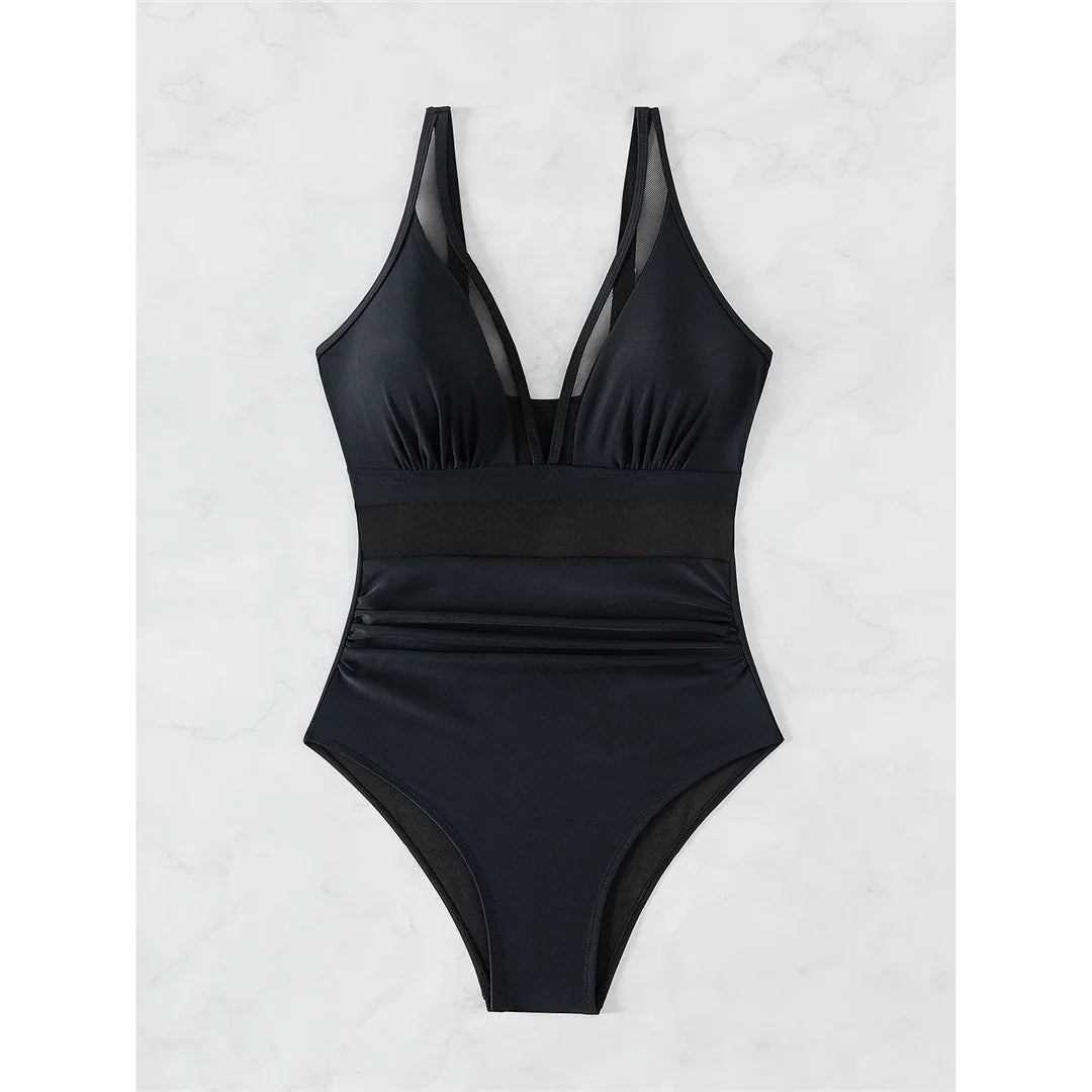S - XL New Sexy Mesh Sheer V Neck Women Swimwear One Piece Swimsuit Female High Leg Cut Monokini Bather Bathing Suit Swim V5136
