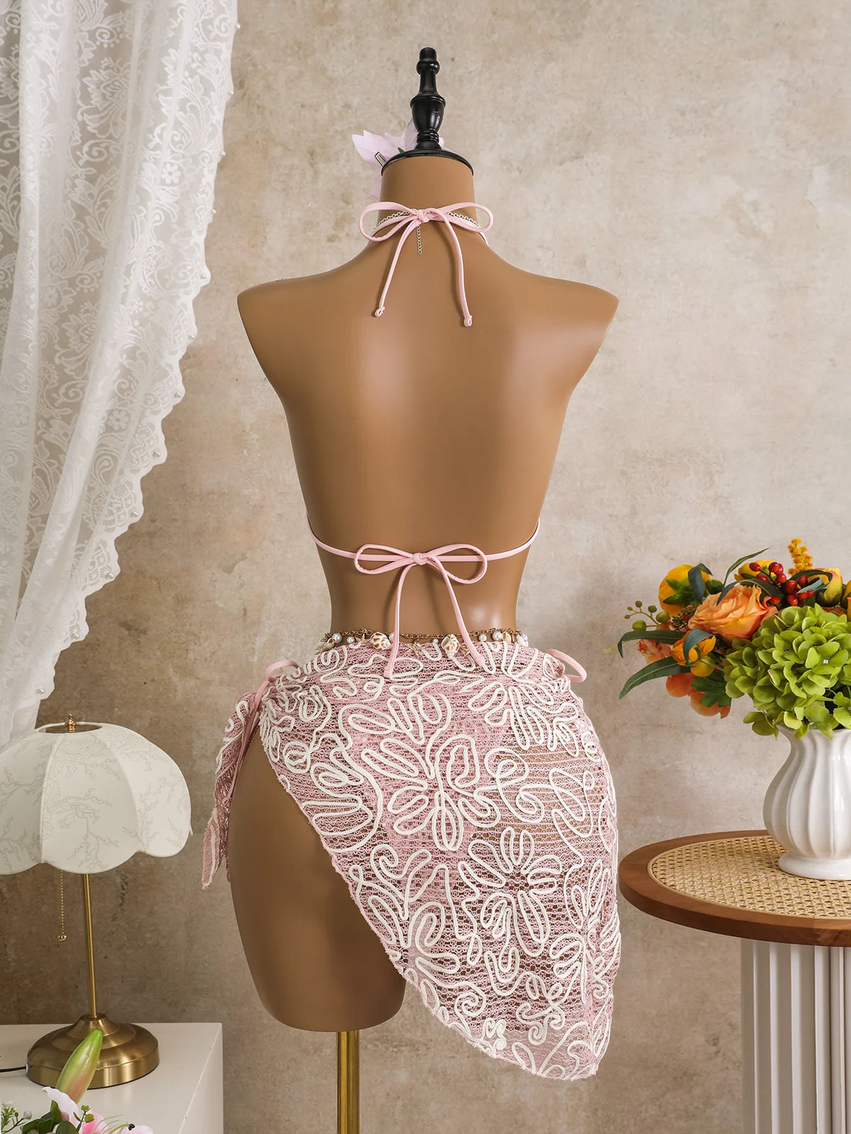 Vintage Pink Mesh Skirt 3 Piece Bikini Set Women Stone Strap Push Up Bra Triangle Swimsuit Holiday Bathing Suit Swimwear 2026