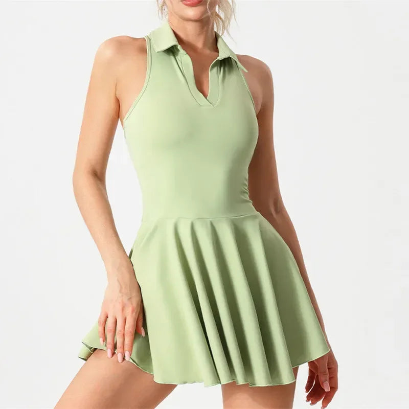 Quick Dry Tennis Dresses Women Turn Down Collar Golf Pleate Skirt Dress Pockets Fitness Shorts 2 Piece Tennis Yoga Suits