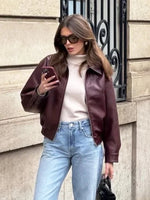 Foridol Wine Red Vintage Faux Leather PU Coat for Women Long Sleeve Turn Down Collar Zipper Autumn Winter Coat Jacket