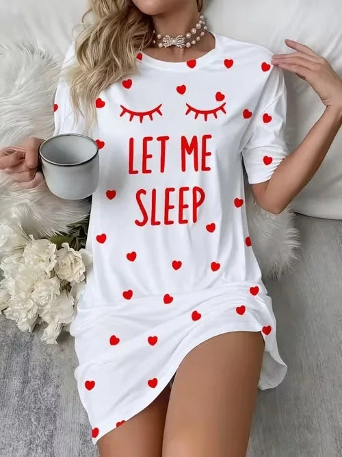 Women's Nightgown Casual Print Nightshirt Polka Dot Short Round-Neck Sleeve Loose Sleepwear Nightdress Summer Pajama