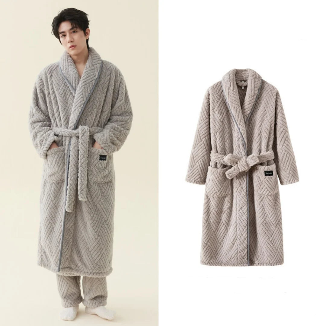 Men Women Jacquard Coral Fleece Bathrobe Autumn Winter Thick Warm Couple Sleepwear Soft Plush Loose Indoor Home Loungewear