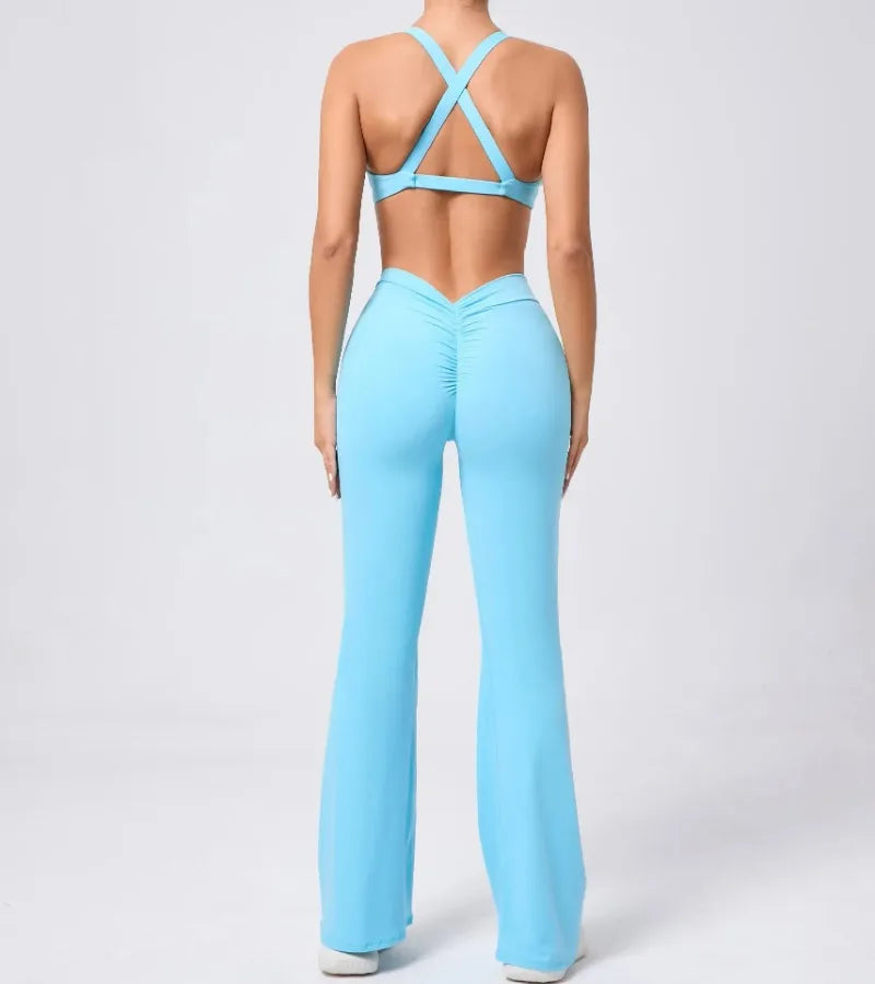 Women's Seamless Yoga Sets Brushed Fabric Flared Hip-Lifting Pants Cross Beauty Back Bra Suits Gym Workout Fitness Training Sets