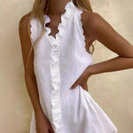 2025 Summer Sexy Casual Mini Dress Women Fashion Elegant Vacation Solid Color Ruffle Sleeveless Vestidos V-neck Loose Dresses