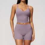 New Yoga Sets Women V Neck Back Criss Cross Sports Tank Top High Waist Butt Lift Shorts Fitness Suit Gym Running Workout Clothes