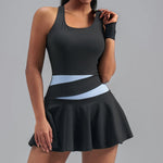 Women's Color Blocked Tennis Dresses Women Hollow Back Cross One Piece Sports Suits Built in Shorts with Pocket Yoga Golf Skirt