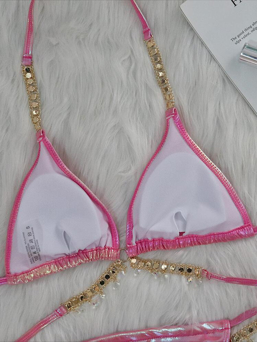 PU Faux Leather Bikinis Wrap Around Diamond Bikini Women Swimsuit Female Swimwear Two-pieces Bikini Set Halter Bathing Suit Swim
