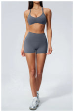 2 Piece Summer Yoga Sets for Women Hollow Back Cross Sports Bra Fitness Clothes Tight High Waist Shorts Running Workout Clothes
