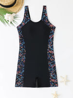 Women One-piece Sports Swimsuit Professional Training Athletic Boyleg Bathing Suit Printed Swimwear Patchwork Beach Wear Blue
