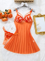 Orange Floral Lace Sheer Mesh Babydoll Lingerie Set Slip Nightdress With Matching Thong Women Sexy Sleepwear ZA825066