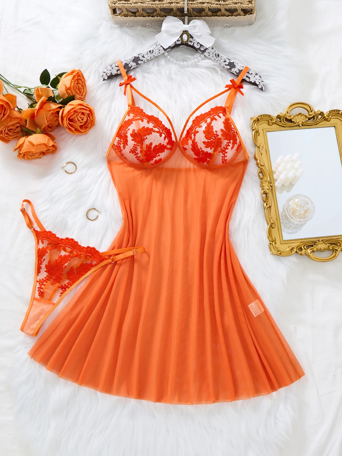 Summer-exclusive orange and peach sexy sleepwear set - sheer see-through lace bralette set for ladies ZA825066