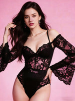 Women's black lace bodysuit, hollowed-out long-sleeved camisole, bell sleeve design, sexy lace-trimmed mesh bodysuit.