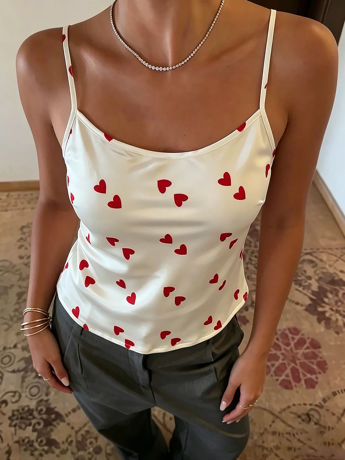 New Women Satin Top Heart Print Camisole Slim Fit Sleeveless Crop Top Elegant Ladies Pajama for Different Occasions