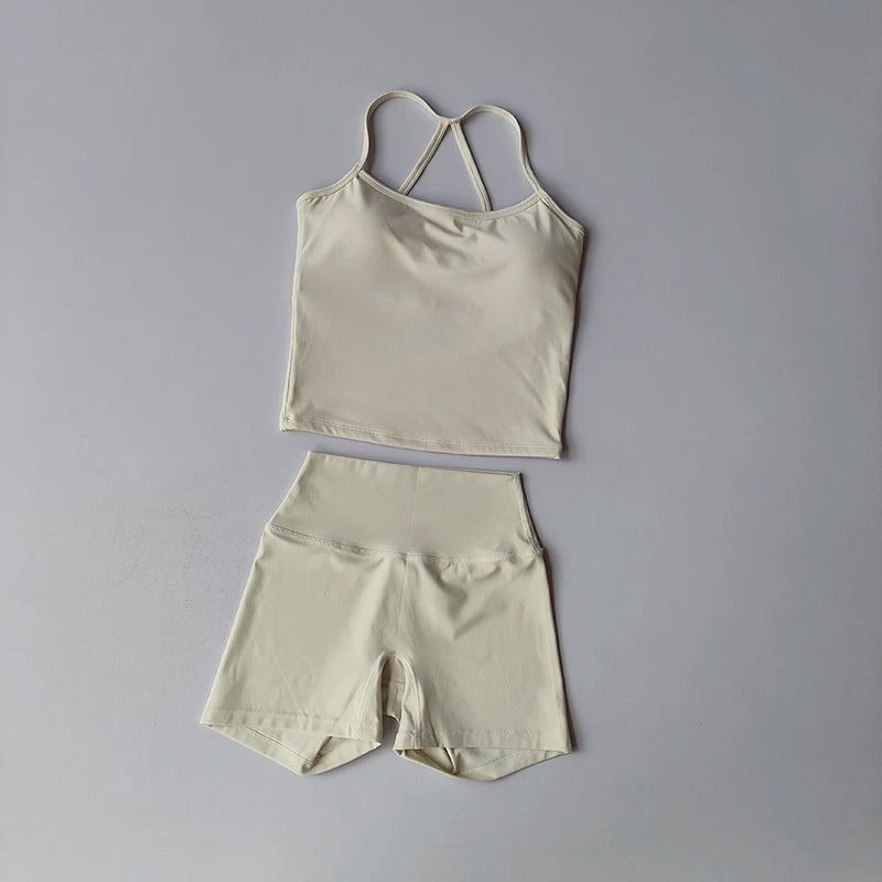 Women's Slim Shoulder Yoga Vest High Waisted Waist Hugging Naked Yoga Three Part Shorts Exercise Set Popular Fitness Clothing
