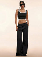 Women's Elegant Low Waist Personalized Slight Flared Leg Pants Casual Ribbed Wide Leg Mopping Trousers Streetwear 2025