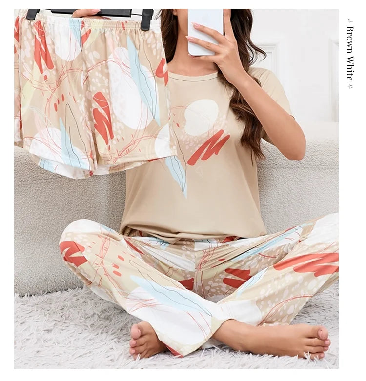 3-Piece Heart Print Pajama Women Sleepwear Home Clothes Short Sleeve Top with Shorts & Long Pants Pajamas Loungewear Short Suit