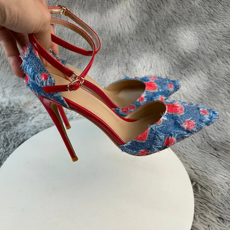 New Denim Fashion Denim color blockingSandals High Gladiator Heels Ladies Office ShoesPlus Big Size45-46 12cm slim heel