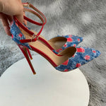 New Denim Fashion Denim color blockingSandals High Gladiator Heels Ladies Office ShoesPlus Big Size45-46 12cm slim heel