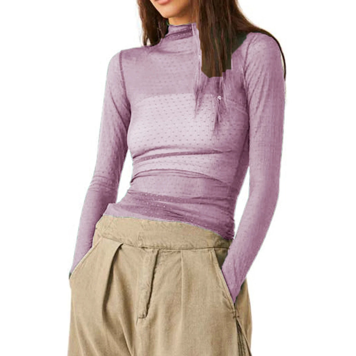Women Mesh Dot T-shirt Long Sleeve Turtleneck Slim Fit Tee Tops Club Sexy Shirts See Through Cover-ups Smock Summer Fall