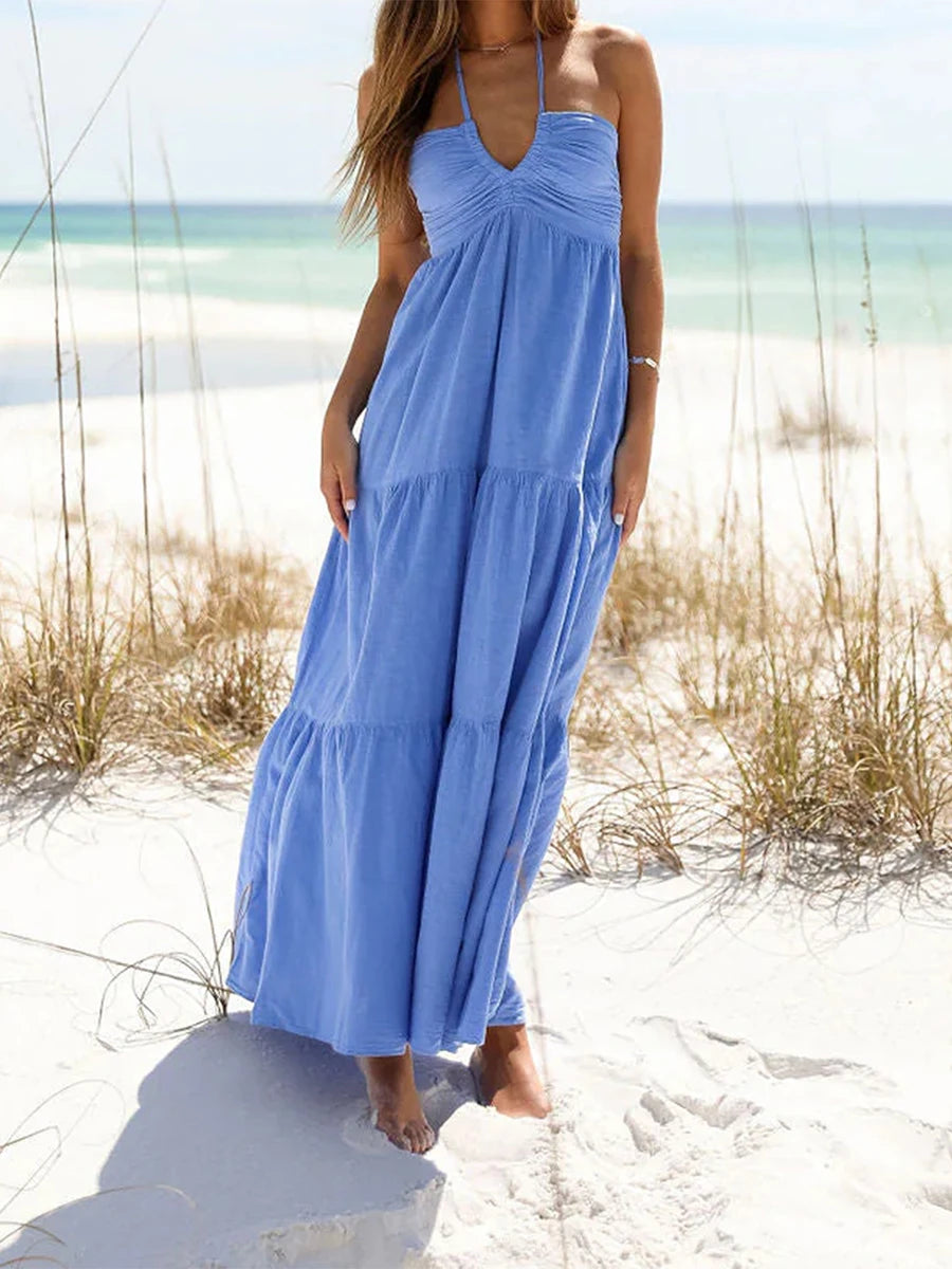 Women Summer Halter Neck Dress Sleeveless Backless Ruffle Hem Flowy Solid Color Dress for Party Beach Club Streetwear Casual