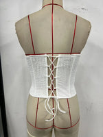 Summer Women White Strapless Waist Cinched Top Women White Drawstring Side Slim Fishbone CorsetClub Party Streetwear Camisole