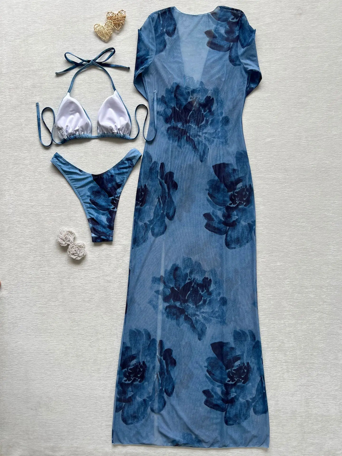DEKA 2026 New Tie-Dye Printed 3 Pieces Bikini Sets Swimsuit For Long Sleeves Dress Women Halter Strappy Swimwear Beach Beachwear