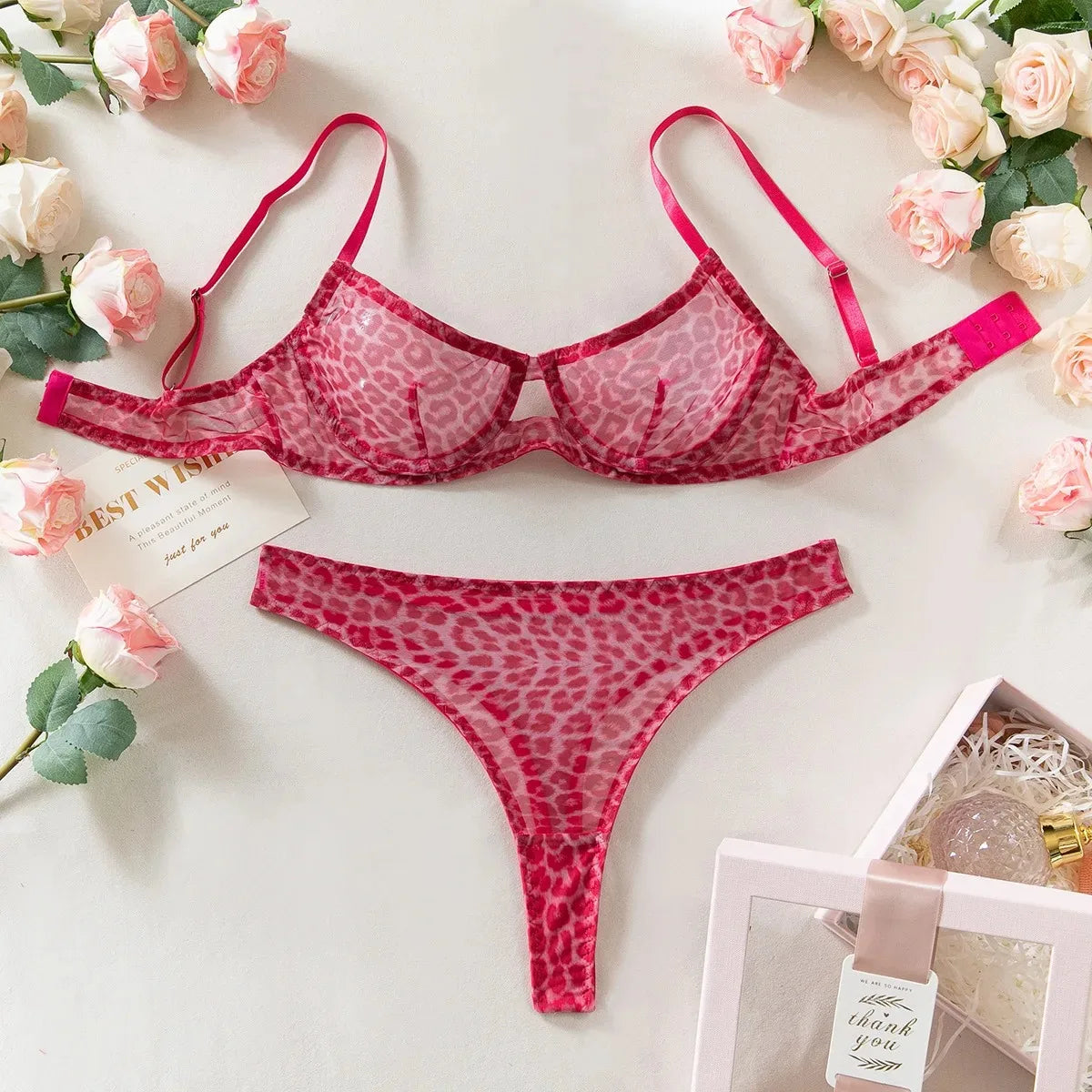 Seamless Leopard Printed Underwire Underwear Lace See Through Push Up Bra and Panty Set Women Sexy Lingerie Outfit