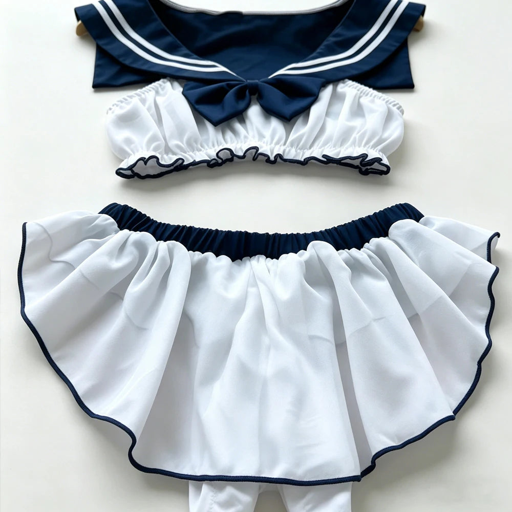 Women Sailor Collar Two-Piece Set Navy White Bow Decor Chiffon Fabric Casual Homewear Cosplay Costumes Daily Party Themed Event