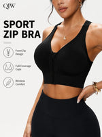 QIW Women's Zip Front Solid Color Sports Bra, Crisscross Back Wireless Bra, Removable Padded Comfort Everyday Workout Bra