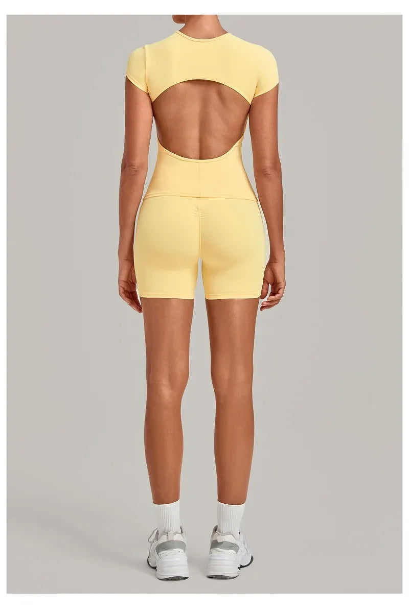 Women's Seamless Yoga Sets Sports Fitness Workout Hip-lifting High Waist Shorts Backless Short-sleeve Vest Suit Gym Training Set