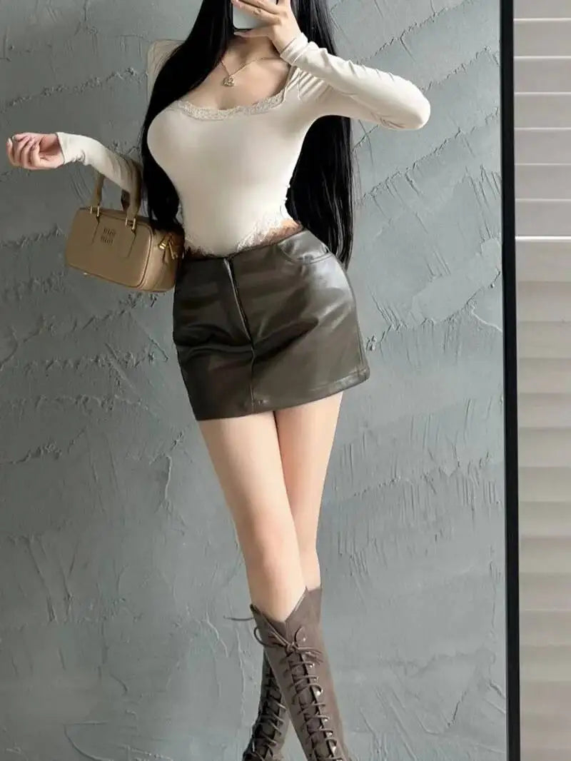 Lace Splicing Sexy Spicy Girl PU Leather Skirt Female Autumn Short Skirt Fashion Sexy Skirts Mini Sweet Fashion Women TT2P