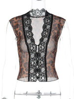 FDYOUI Women's Deep V-neck Lace Patchwork Mesh T-shirts 2026 Summer Sexy Sleeveless Buttons Leopard Tops Tee Shirt Streetwear